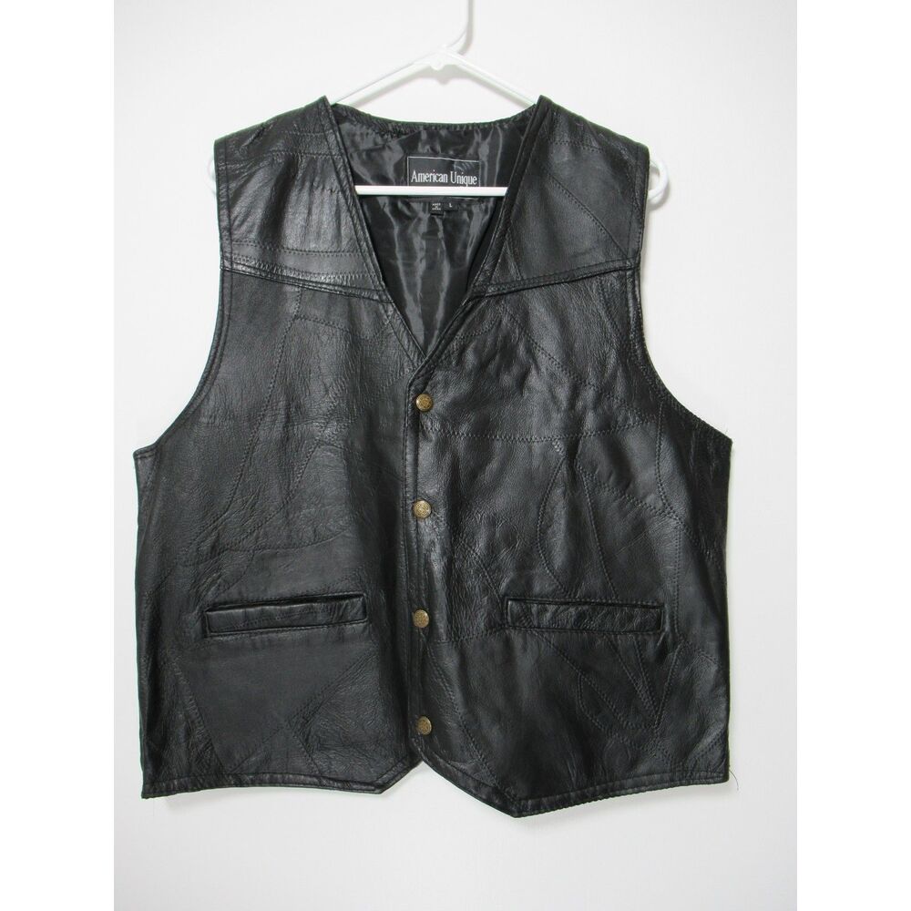 American Unique Black Leather Snap Front Motorcycle Vest Size Large